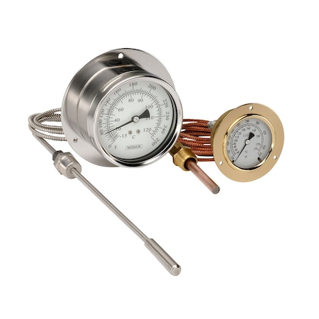 Noshok 2.5 Vapor Thermometer, Glycerin Fill, Chrome Front Flange, 30 to 240 Degrees F/C, Armored Copper Capillary, 35 ft, 1/2 NPT Union Copper Bulb, 4-1/2 x 3/8 25-310-1-1-7-2-35-3-2